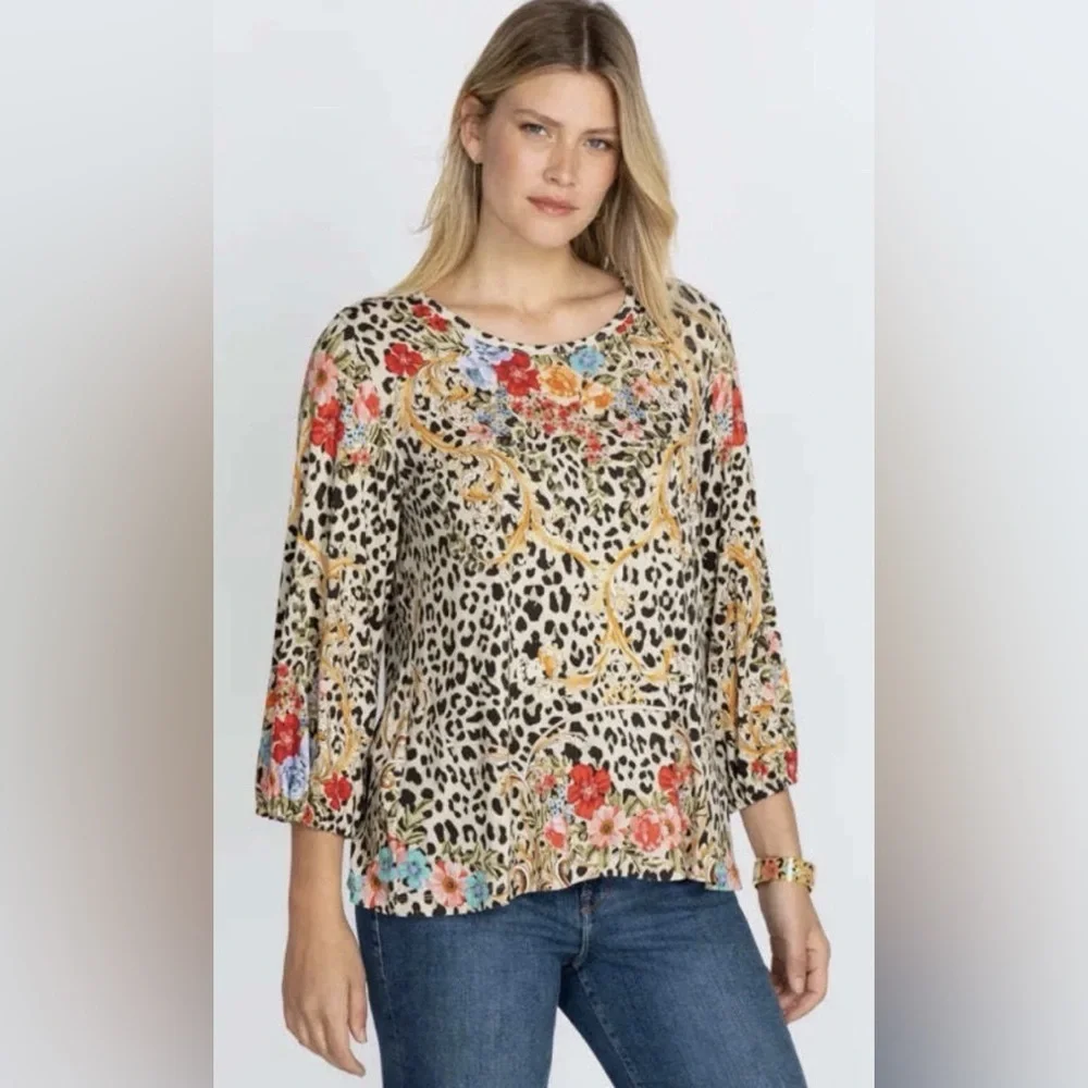 Johnny Was Leopard Floral Tunic Top Bamboo Viscose Puff Sleeve Boho XXS